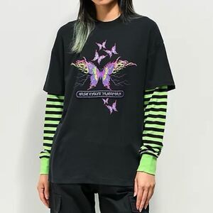 Vitriol Bixie Black & Green Layered Long Sleeve T-Shirt Striped Size Small